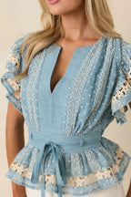 Women's Soft Serenity Blue Flutter Sleeve Peplum Top 1