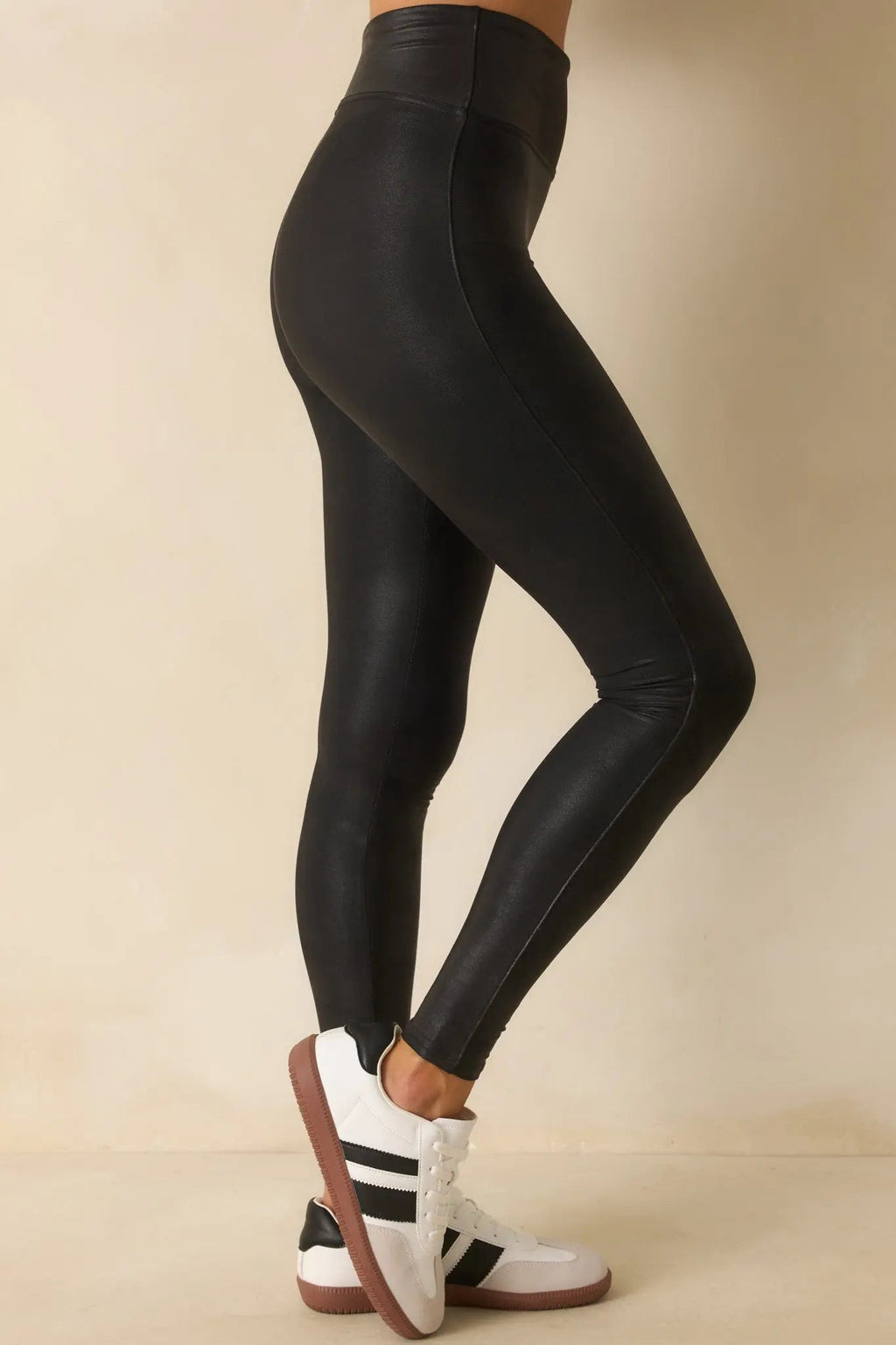 High-waist black faux-leather shaping leggings, front view