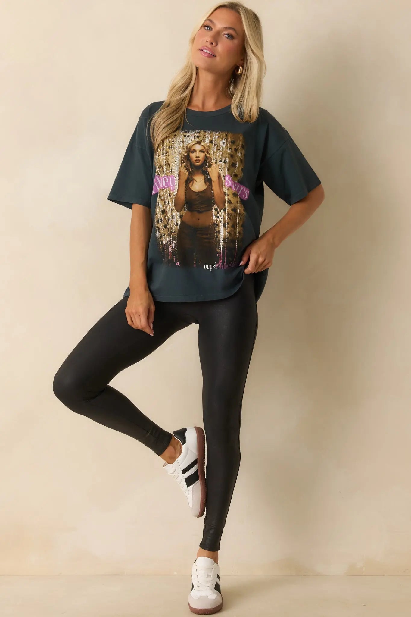 Black faux-leather shaping leggings shown on model