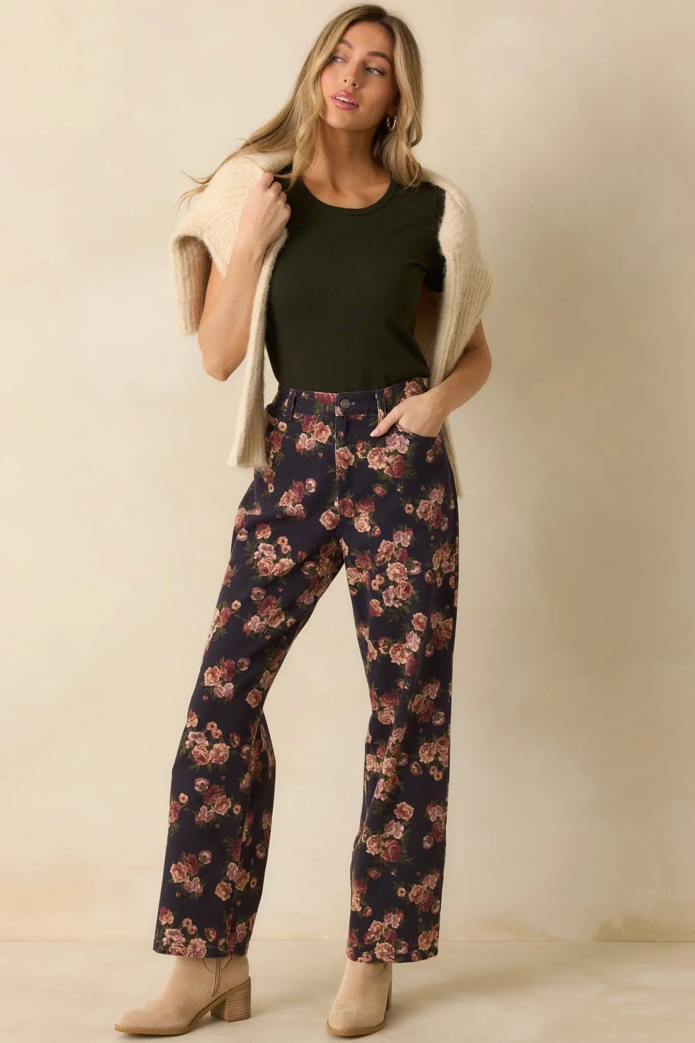 Women's Step By Step Navy Floral Straight Leg Jeans | 100% Cotton 1