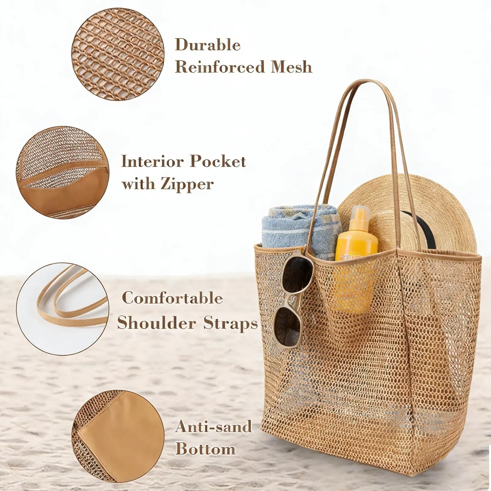 Stylish Beach Tote Bag | Large Capacity Open Top Design with Extra Pocket | Versatile for Women’s Travel and Shopping