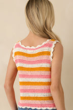 Women's Sunkissed Sorbet Pink & Orange Stripe Crochet Knit Tank Top | 100% Acrylic 6
