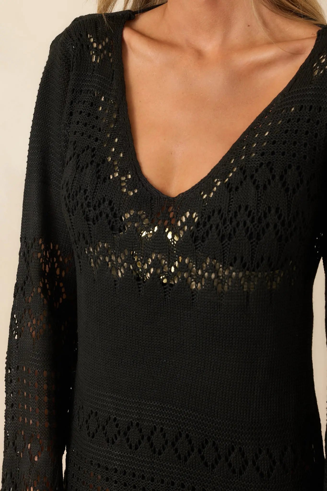 Women's The Breeze In My Hair Black Open Knit Cover Up Mini Dress | 100% Polyester 1