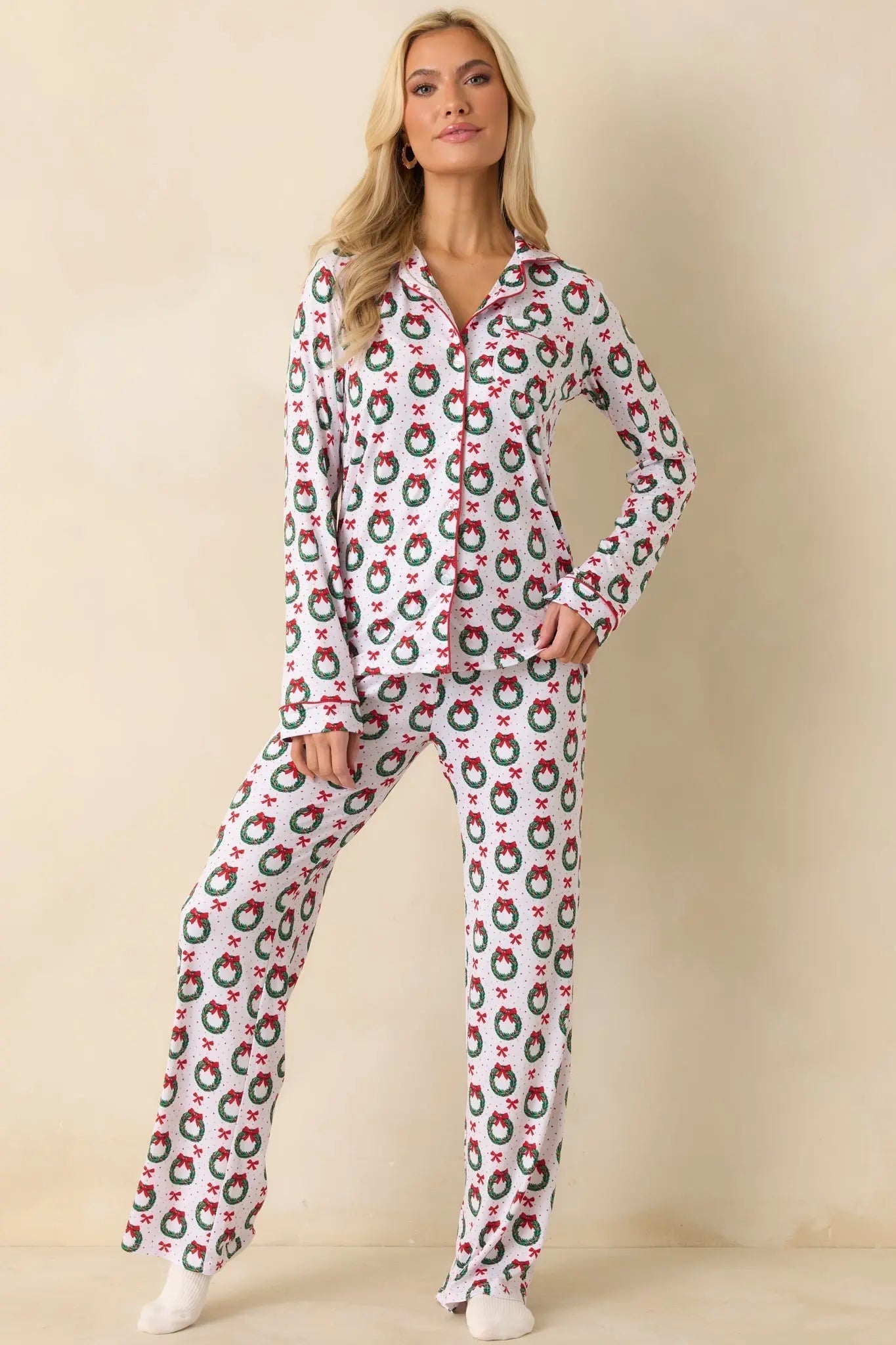 Women's The Merriest Thing White Multi Wreath Pajama Pants | 95% Polyester & 5% Spandex 3