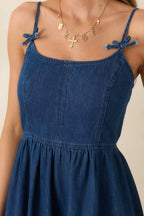 Women's Tied at Twilight Dark Wash Bow Strap Detail Cotton Midi Dress | 100% Cotton 1