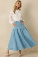 Women's Town & Country Light Wash Denim Button-Down Maxi Skirt | 78% Cotton 3