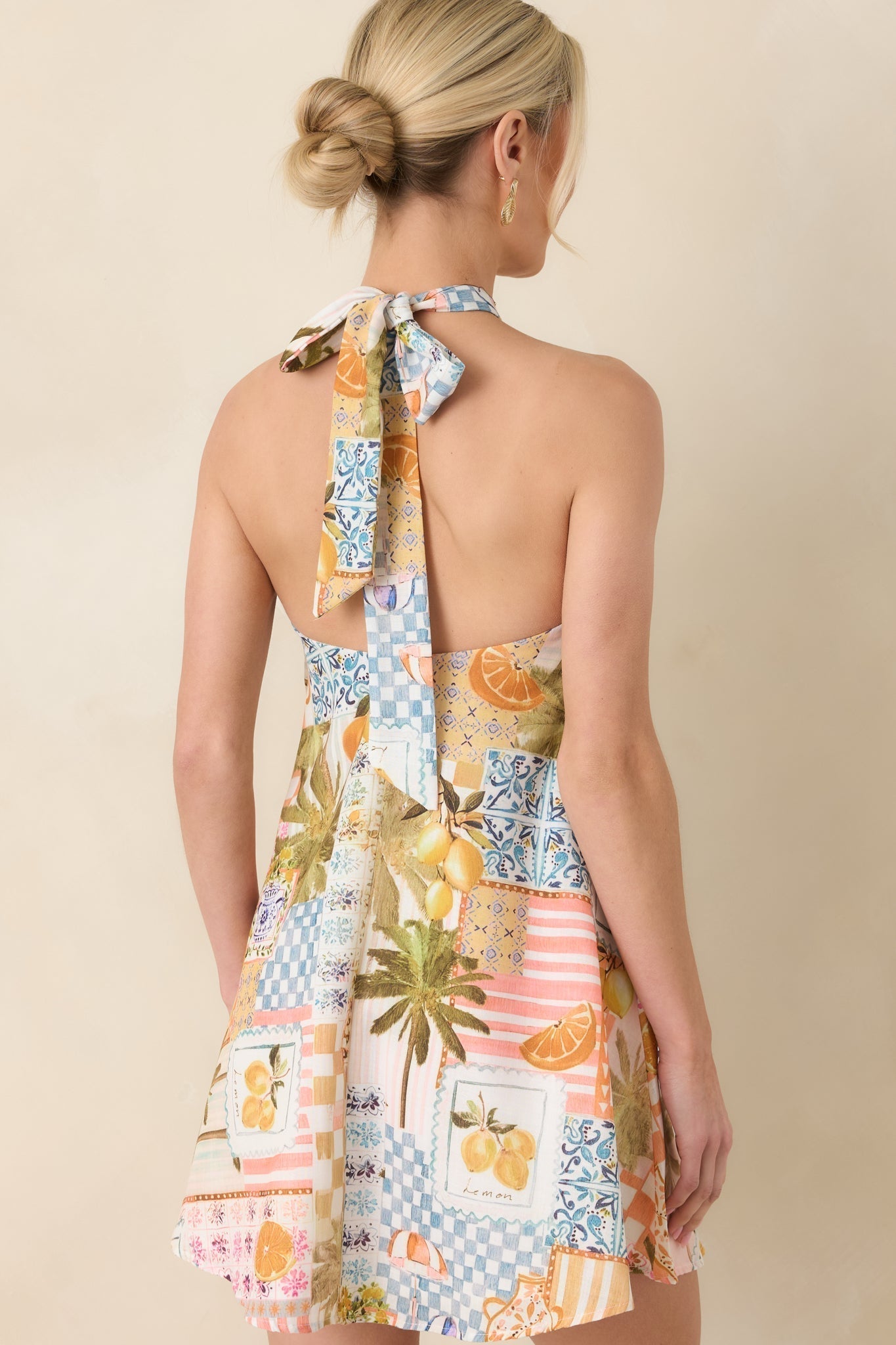 Women's Twist & Spritz Citrus Patchwork Halter Mini Dress | 65% Cotton & 35% Polyester 7
