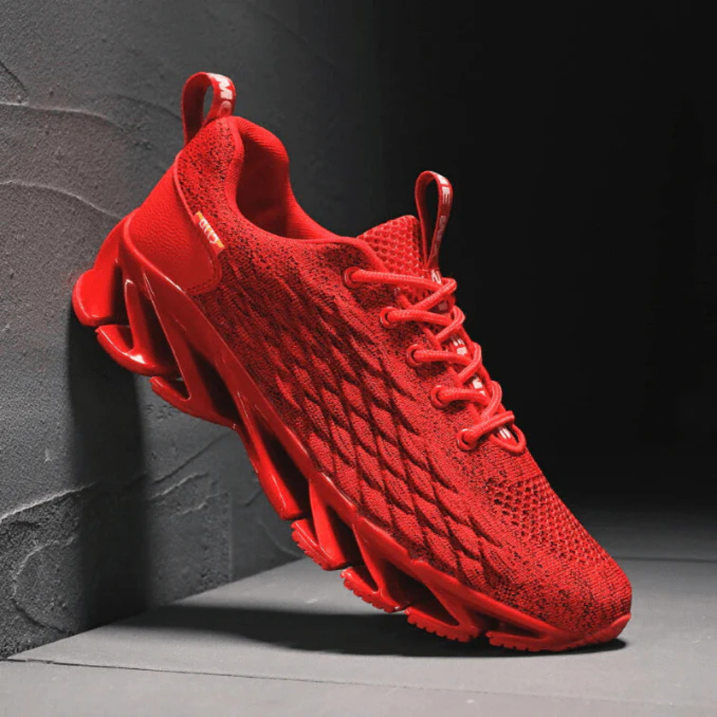 Red knit running sneakers