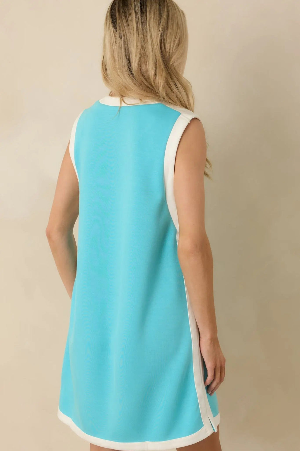 Women's Well Defined Aqua Blue Jersey Knit Contrast Trim Sleeveless Mini Dress | 55% Rayon 6