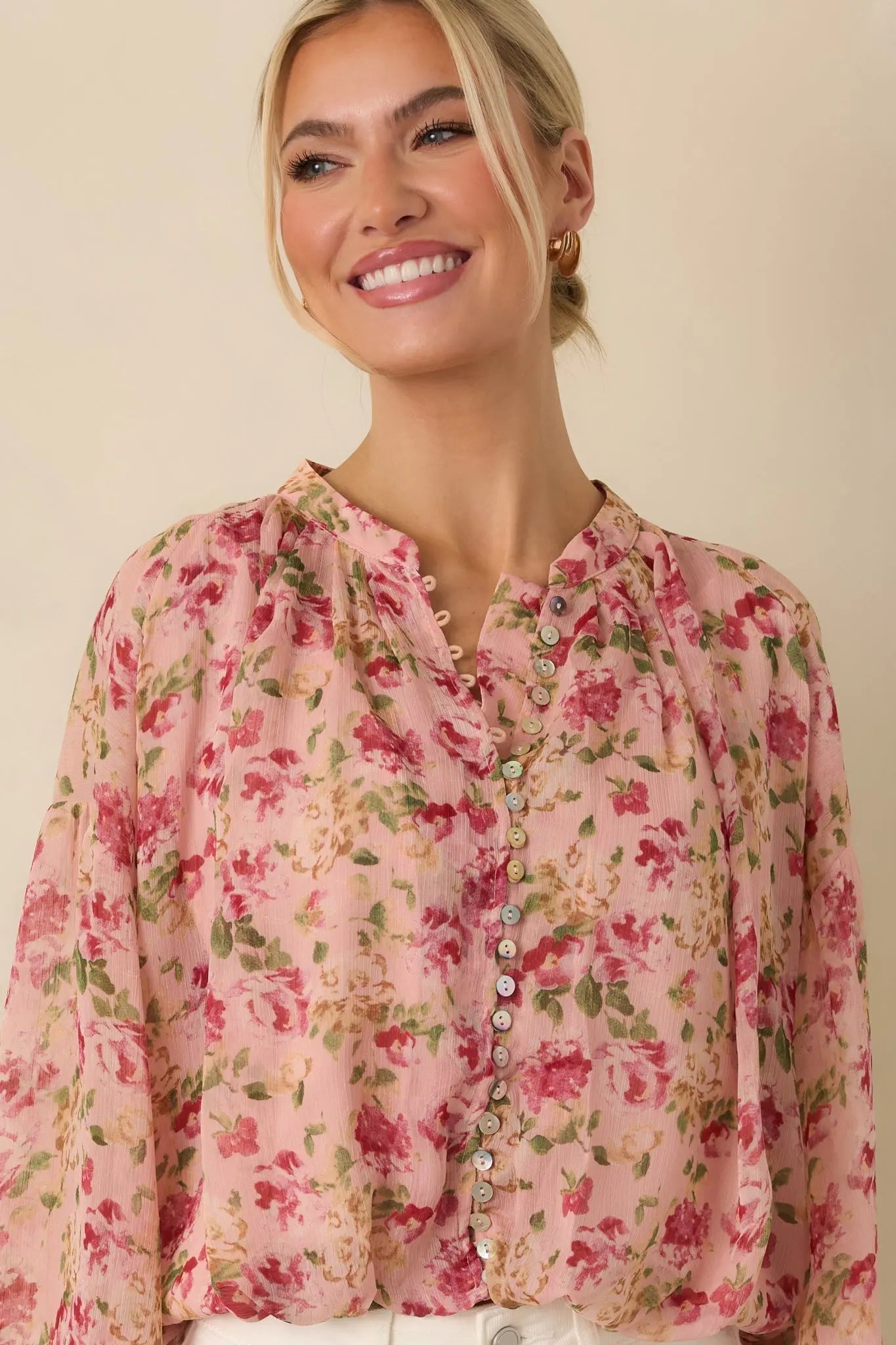 Women's Where Roses Drift Blush Pink Multi Floral Sheer Blouse | 100% Polyester 1