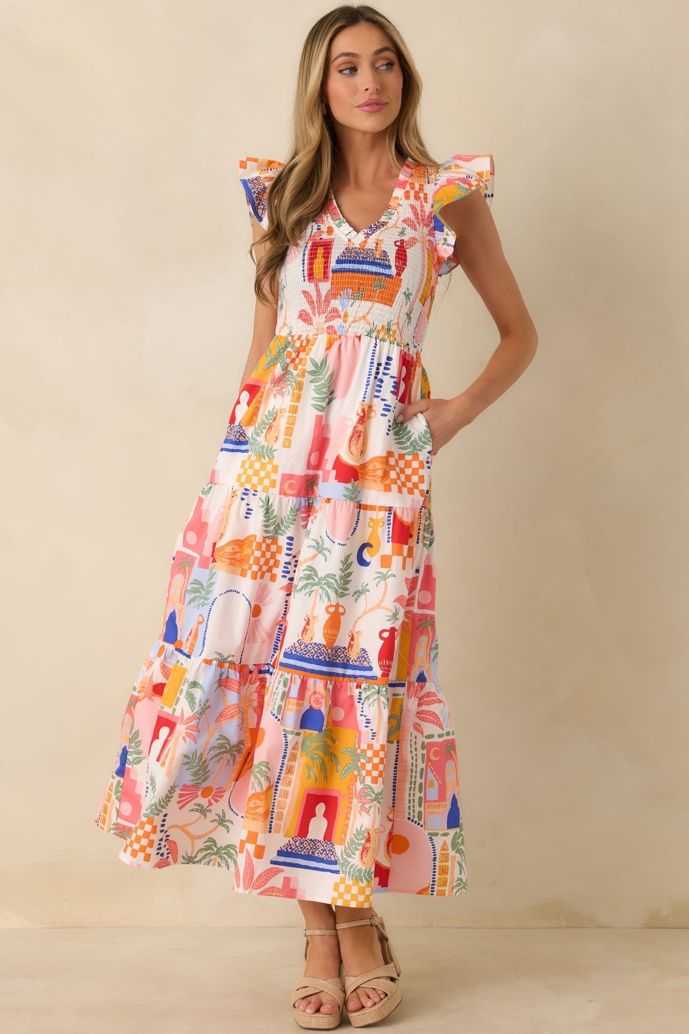 Women's Where the Sun Goes Orange & Pink Multi Cotton V-Neck Flutter Sleeve Maxi Dress | 100% Cotton 3