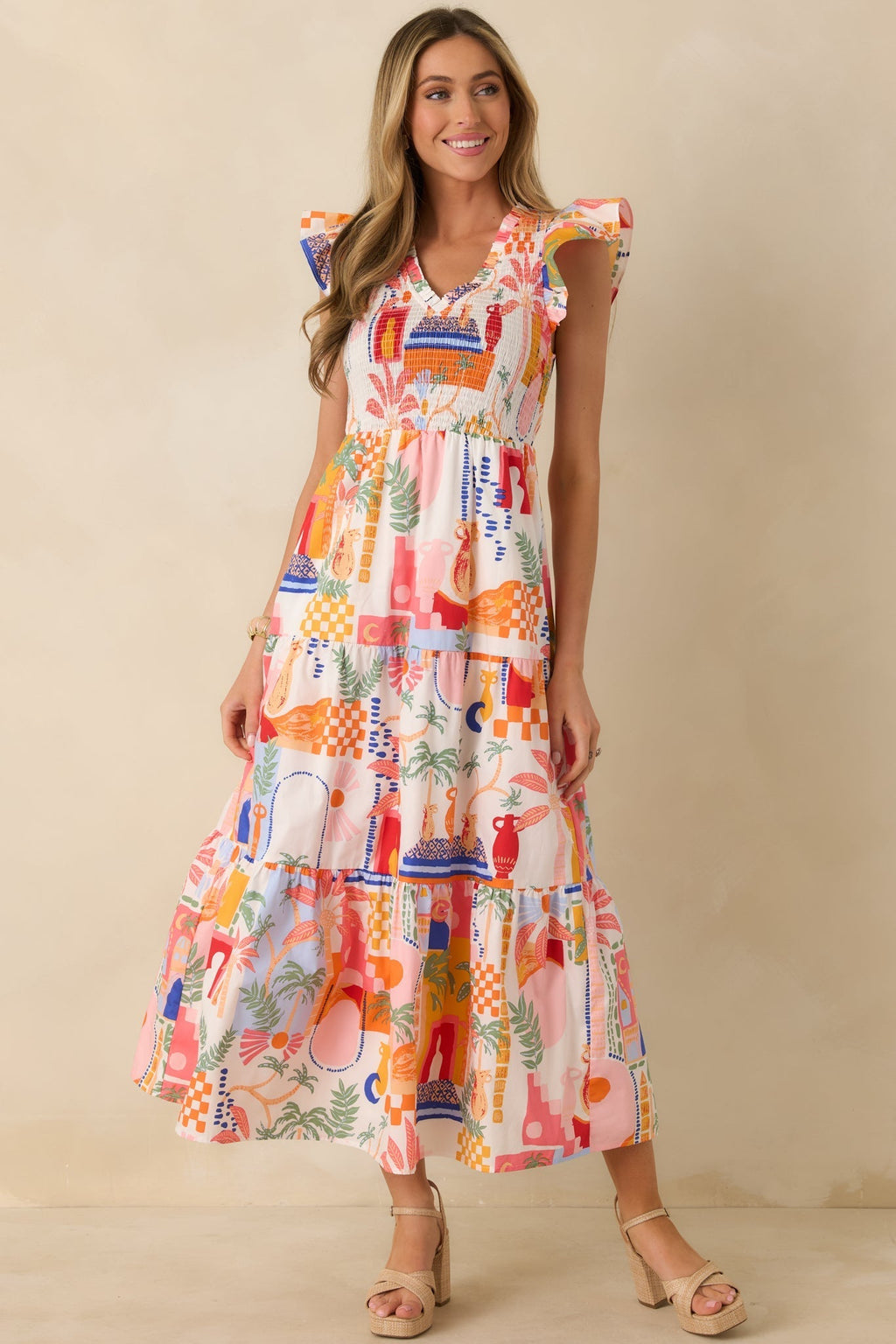 Women's Where the Sun Goes Orange & Pink Multi Cotton V-Neck Flutter Sleeve Maxi Dress | 100% Cotton 5
