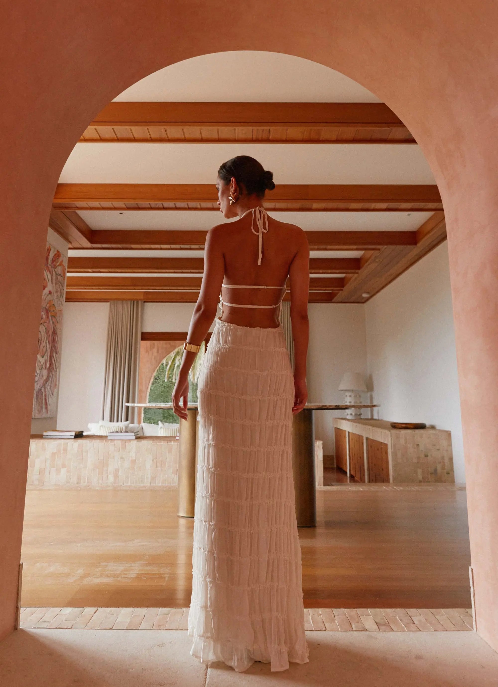 Women's White Maxi Dress with Halter Neckline & Lace Detailing | Chic Long Dress for Effortless Sophistication - Women's 1