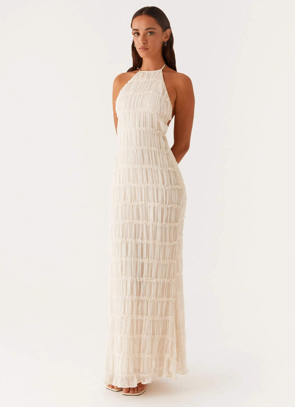 Women's White Maxi Dress with Halter Neckline & Lace Detailing | Chic Long Dress for Effortless Sophistication - Women's 5