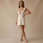 Women Mini Dress Linen V Neck Spaghetti Strap Design