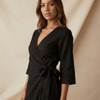 Women's Linen Wrap Mini Dress – Tie Waist Asymmetrical Hem