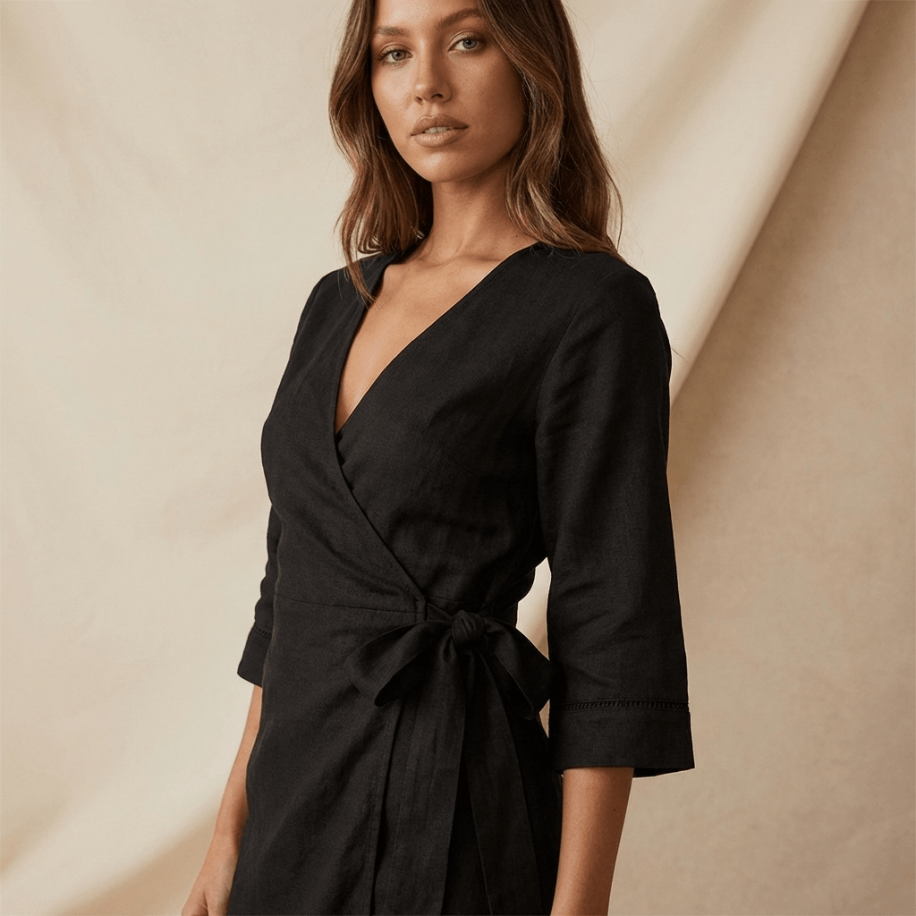 Women's Linen Wrap Mini Dress – Tie Waist Asymmetrical Hem
