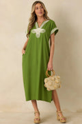 Women's You Know the Feeling Matcha Green Embroidered V-Neck Maxi Dress | 60% Viscose & 40% Linen 0