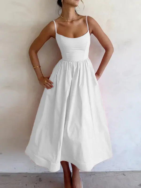 Zoe's – Women's U-Neck Pleated Midi Dress with Spaghetti Straps –...