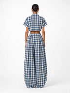 Blue & White Plaid Two-Piece Set — Crop Top & Wide-Leg Pants