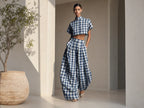 Blue & White Plaid Two-Piece Set — Crop Top & Wide-Leg Pants