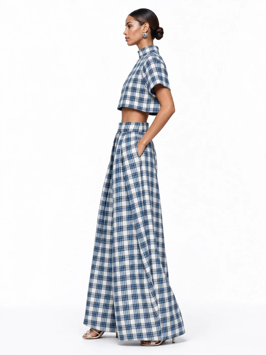 Blue & White Plaid Two-Piece Set — Crop Top & Wide-Leg Pants