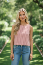 MINKPINK Paloma Coral Pink Stripe Cotton Linen Low-Back Top
