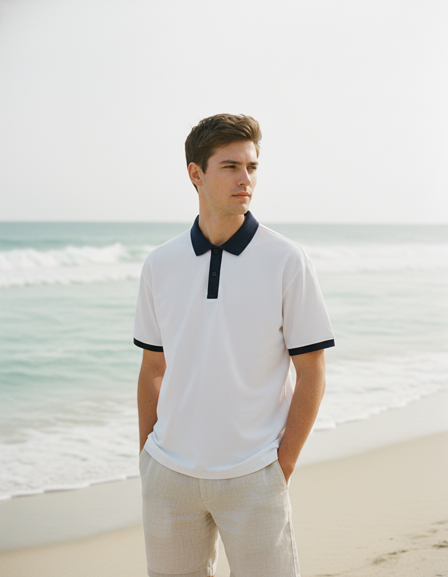 Navy men's breathable short-sleeve knit polo shirt