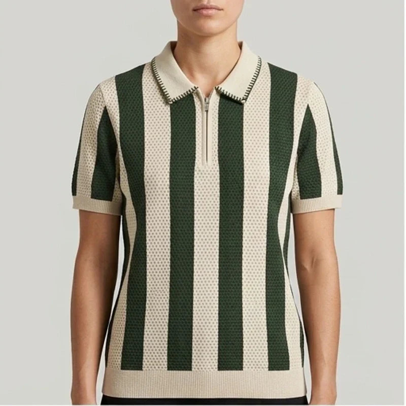 Model wearing Green Knit Polo Shirt in studio