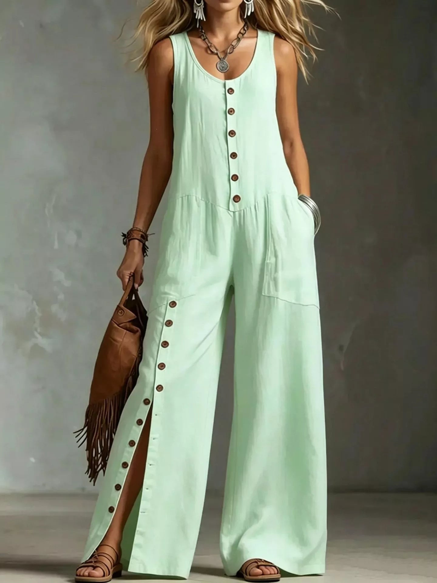 Sleeveless wide-leg jumpsuit in Green - front view