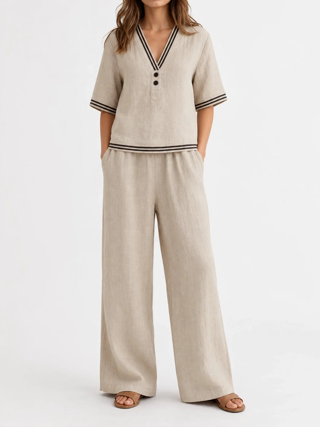 Women's linen two-piece set with V-neck loose top and wide-leg pants, front view