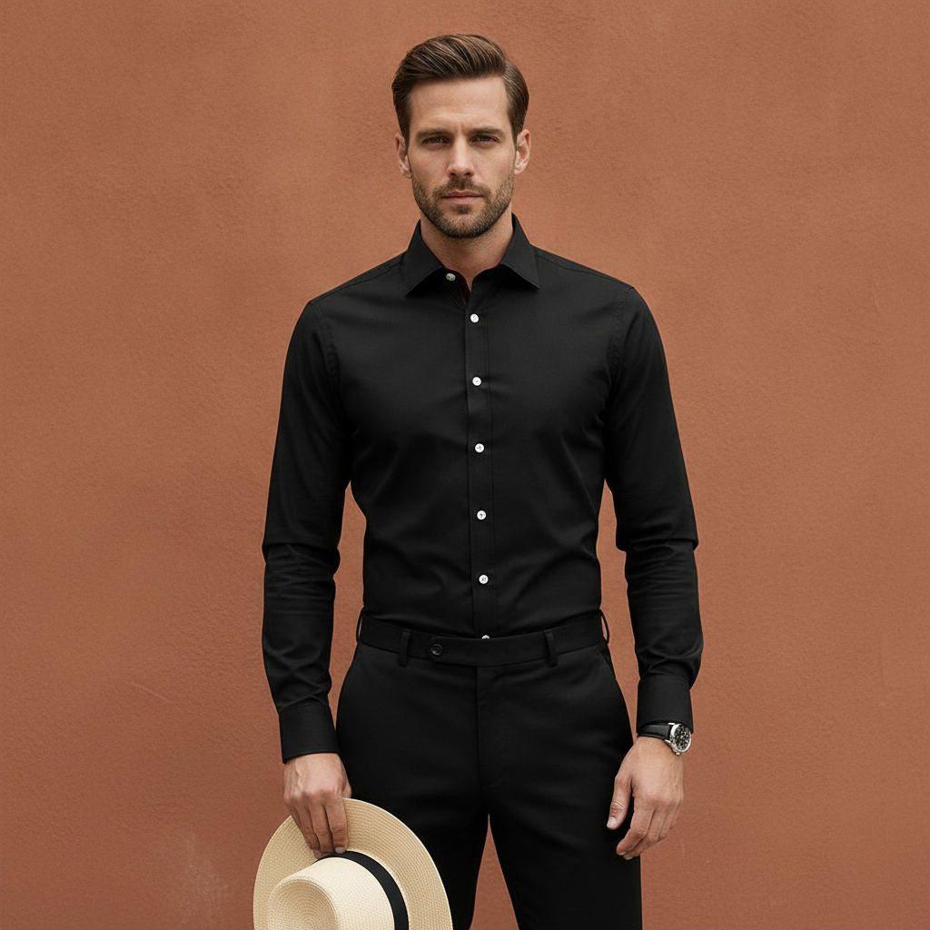 Men's Long-Sleeve Button-Up Shirt with Contrast Buttons