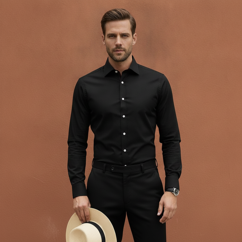 Men's Long-Sleeve Button-Up Shirt with Contrast Buttons