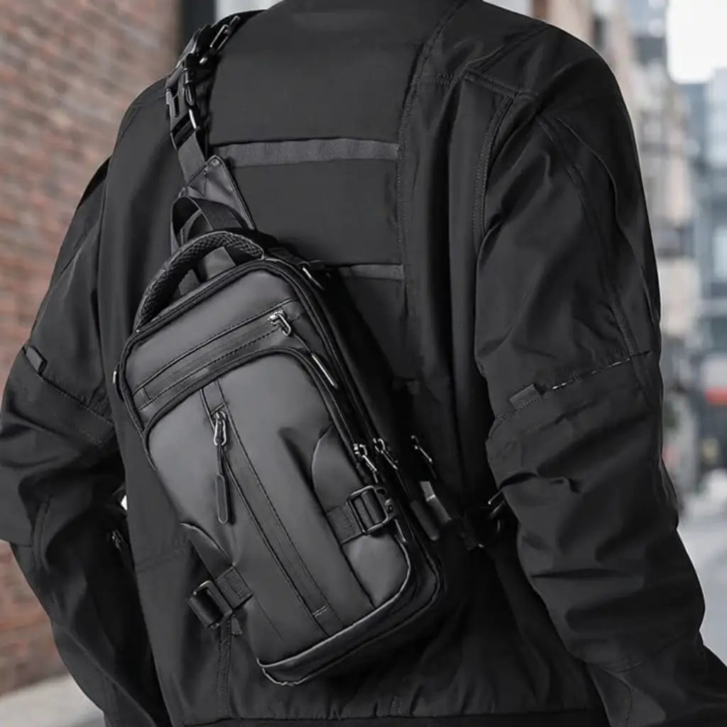 Compact nylon crossbody sling bag worn across the body in an urban setting