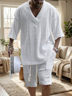 Model wearing the cable knit tee and shorts matching set