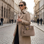 Woman carrying the textured taupe handbag with gold padlock closure on a city street