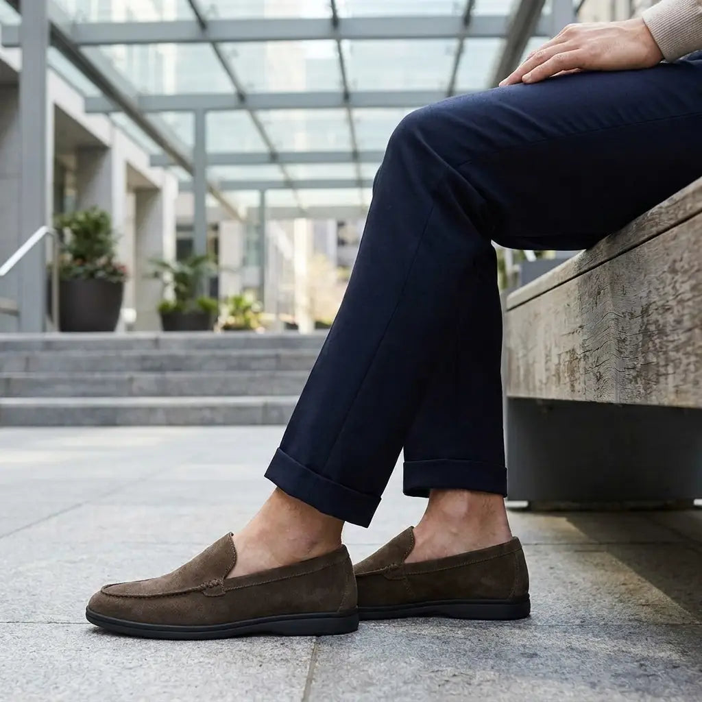 Man wearing Premium Suede Loafers with black sole, lifestyle