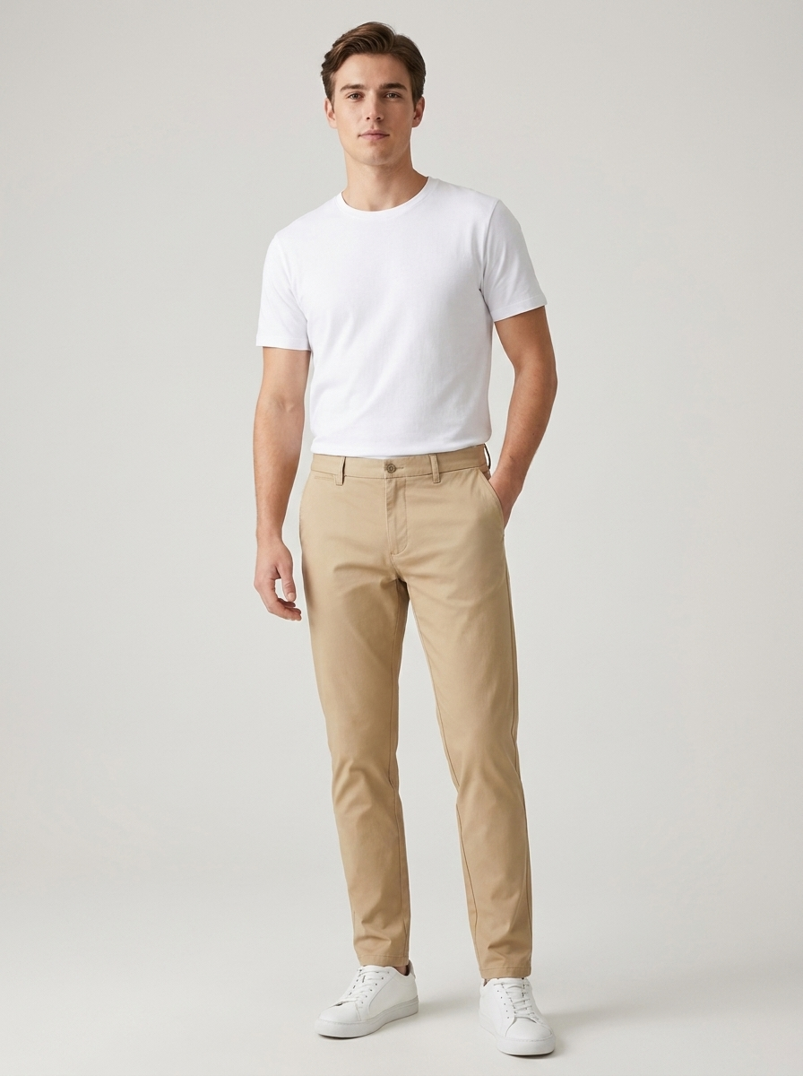 Men's slim-fit stretch chino trousers in khaki, worn by a model with a white tee and sneakers
