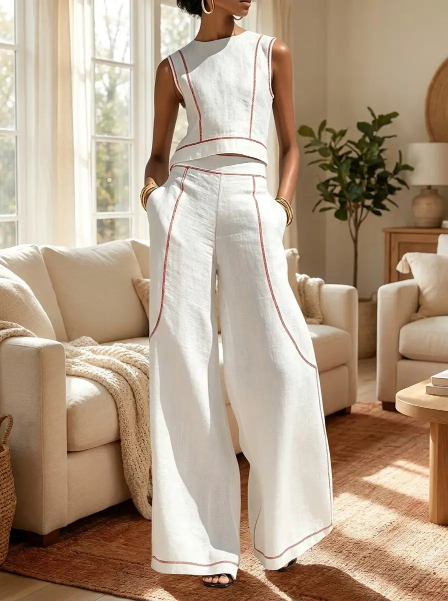Model wearing the linen-blend two-piece loungewear set