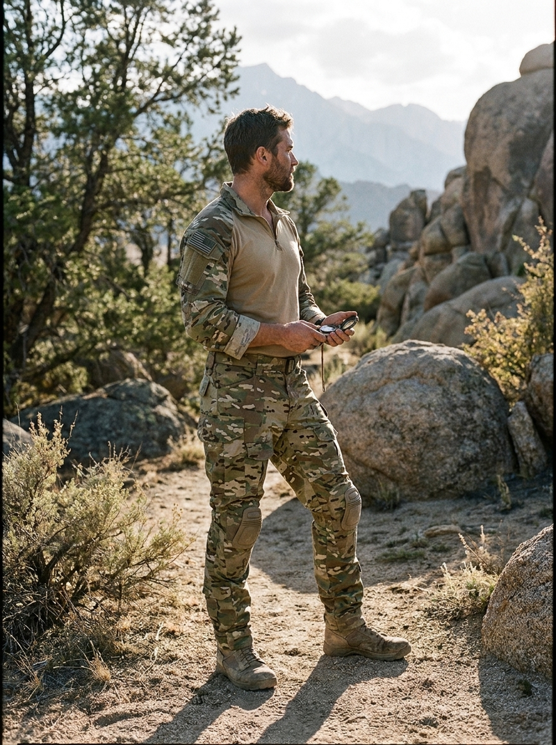 Male model wearing the tactical cargo pants in a rugged outdoor setting
